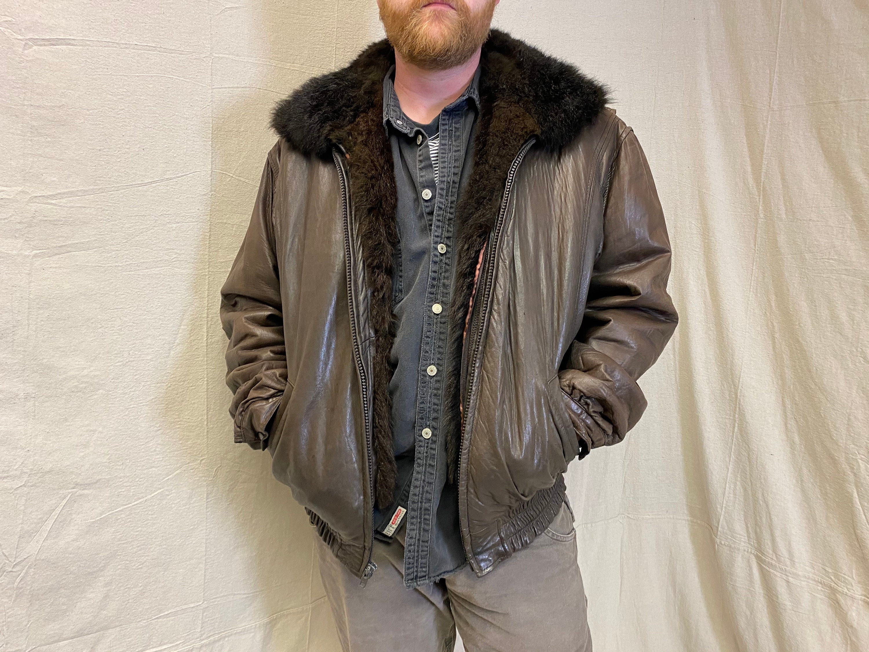 Andrew Marc Brown Leather Faux Fur Lined Bomber Jacket Unisex | Etsy