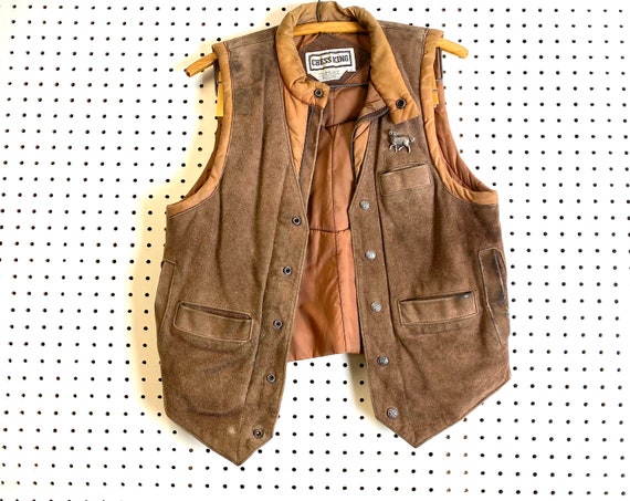 Brown Leather and Nylon Puffer Vintage Vest. Unise