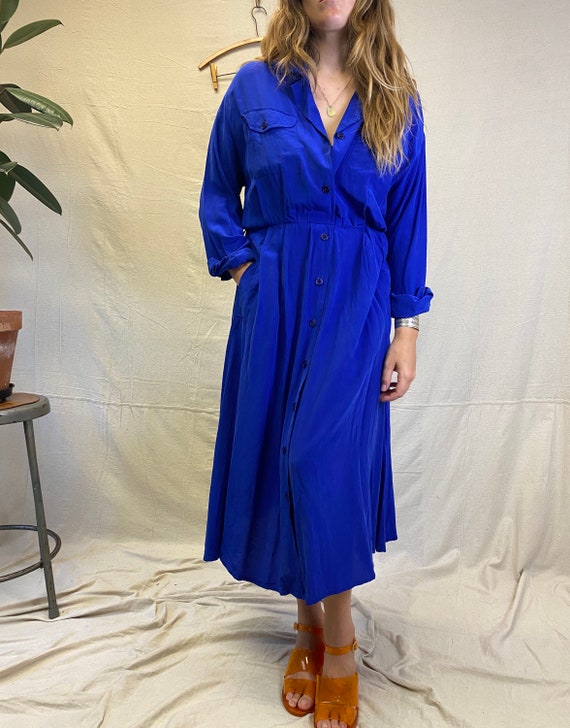 Royal Blue All Silk Button Front Dress. Unisex L