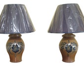 F48453EC Pair ROWE POTTERY WORKS Blue Stoneware Lamps w. Shades