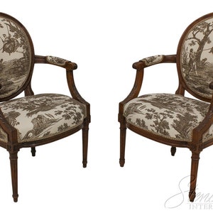 58597EC: Pair French Louis XVI New Toile Upholstered Open Armchairs