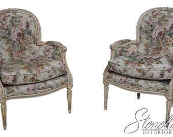 F61011EC: Pair KARGES Distressed Painted Finish Upholstered Bergere Chairs