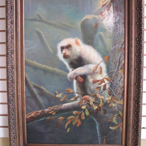 F35229E:  Antique Gold Oil on Canvas Painting ~  White Monkey on Branch