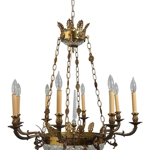 F62795EC: French Empire Style Crystal & Brass Chandelier
