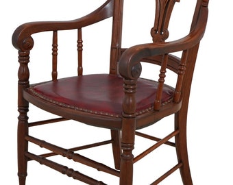 F61414EC: American Victorian Walnut Arm Chair w. Leather Seat