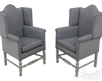 L58727EC: Pair Youth Size Newly Upholstered Primitive Wing Chairs