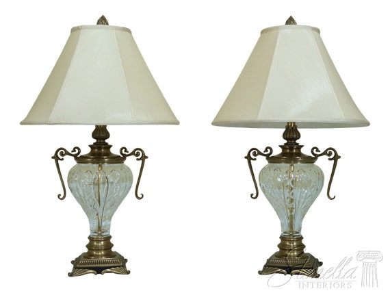 F32549EC: Pair DECORATIVE CRAFTS Crystal & Brass Urn Table Lamps 