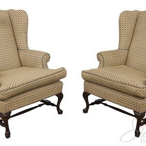 57772EC: Pair Queen Anne Stretcher Base Upholstered Wing Chairs