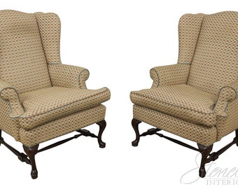 57772EC: Pair Queen Anne Stretcher Base Upholstered Wing Chairs