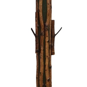 May include: A rustic coat rack made from natural branches, with a dark brown finish and a green painted base. The branches are arranged in a vertical pattern, creating a unique and decorative piece.