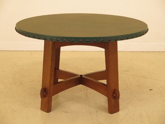 44958ec Stickley Round Green Leather Top Mission Oak Dining Etsy
