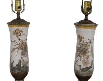 F63524EC: Pair Vintage Pheasant Decorated Neoclassical Table Lamps