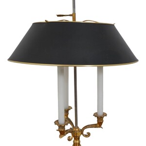 F61874EC: Quality 3 Arm Brass Bouillotte Table Lamp w. Tole