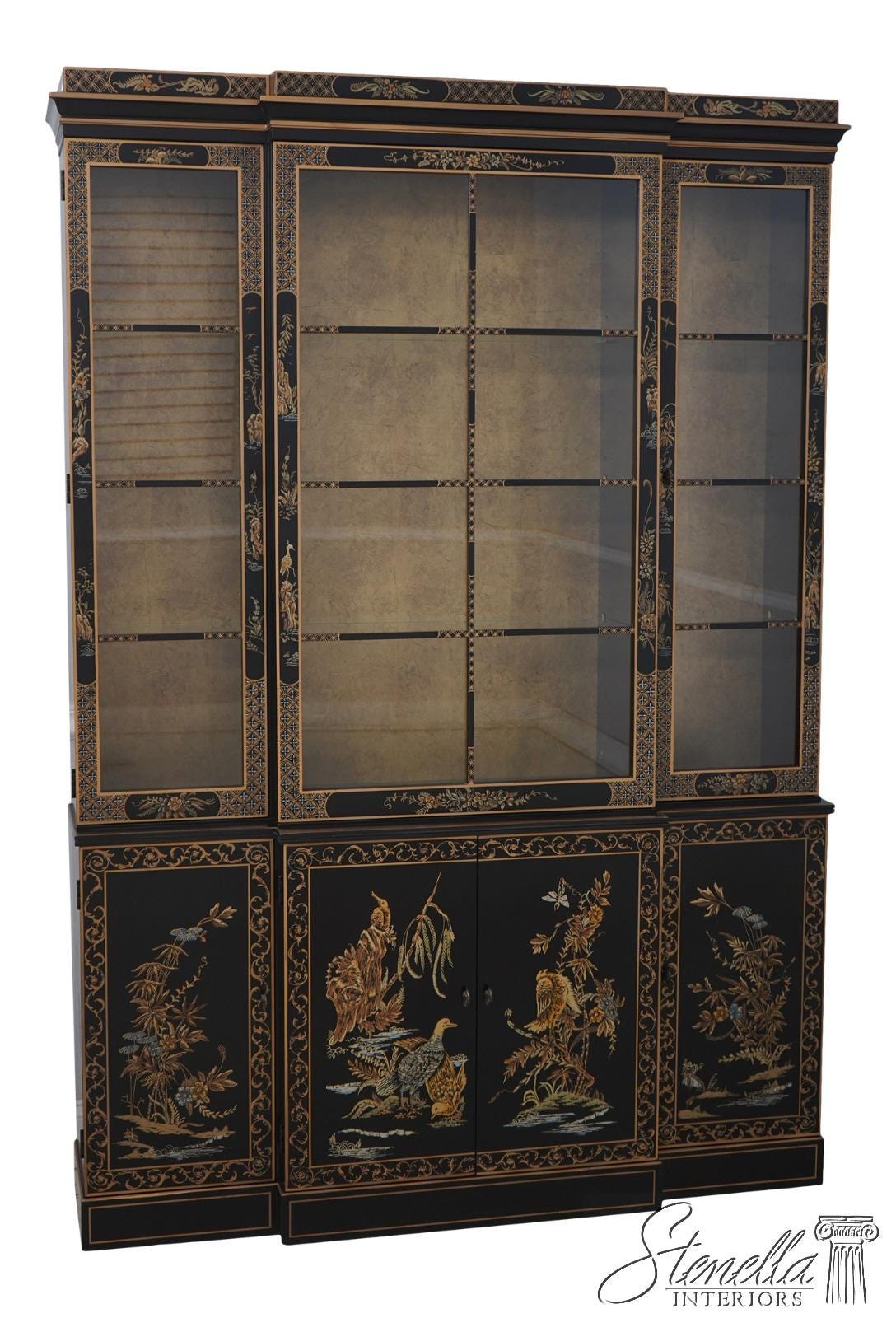 L68752: DREXEL Chinoiserie Black Lacquer Paint Decorated China Cabinet