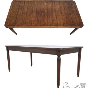 May include: A rectangular wooden dining table with a dark brown finish. The table has a planked top and four turned legs. The image shows the table from two different angles, one from above and one from the side.