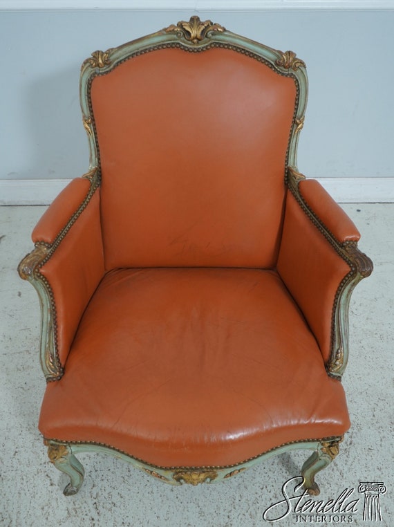 フランスメイド チェア F63159EC: French Louis XV Vintage Leather Polychrome Painted Chair