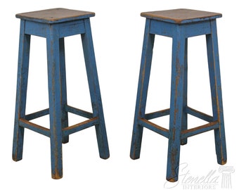 57614: Pair Hand Crafted Distressed Painted Primitive Counter Stools