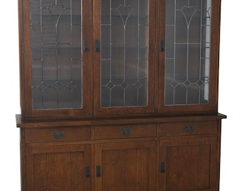 73244: STICKLEY Mission Oak Leaded Glass China Cabinet