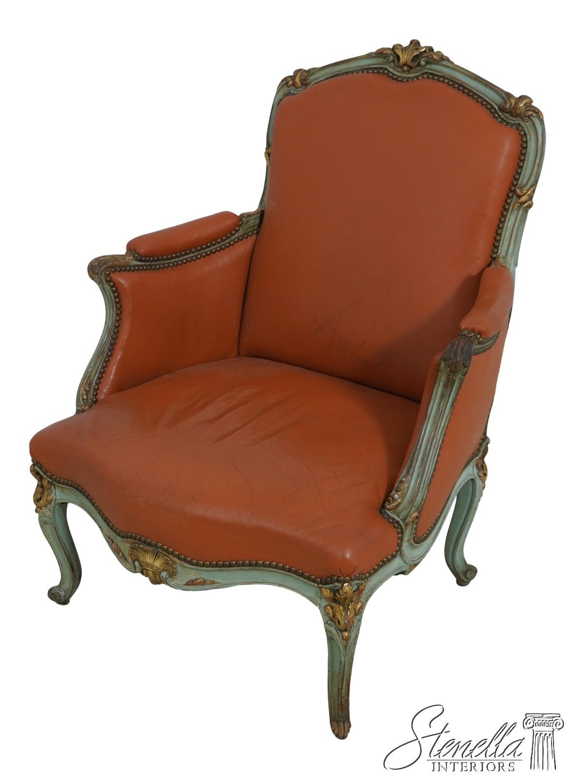 フランスメイド チェア F63159EC: French Louis XV Vintage Leather Polychrome Painted Chair