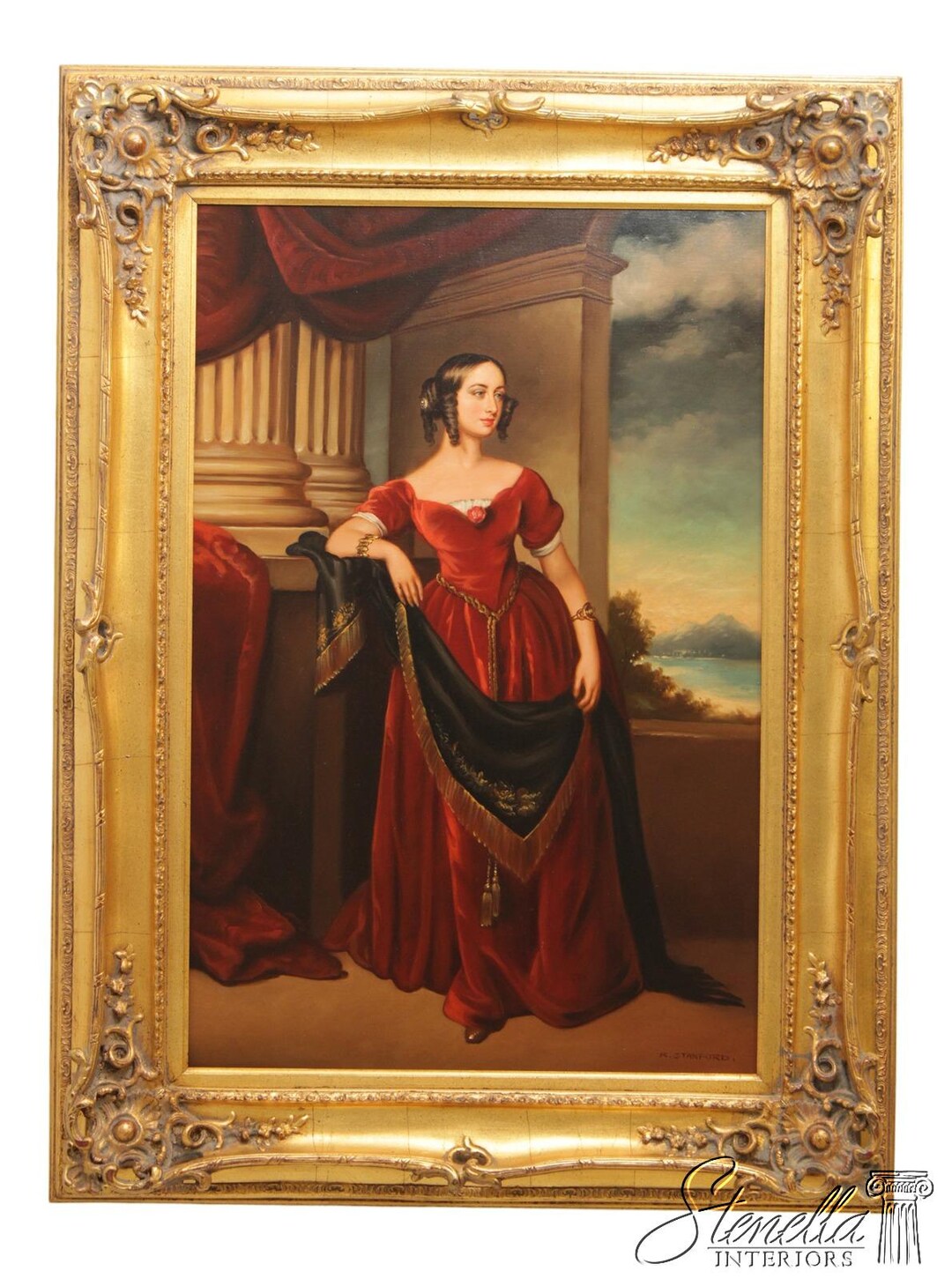 F71984: Artist Signed Portrait of Lady in Red Dress Painting on Canvas ...