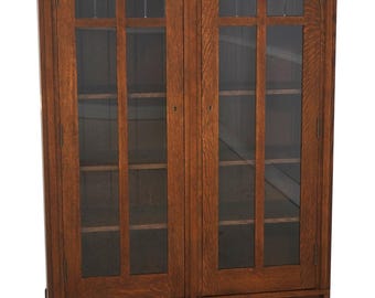 72999: STICKLEY Mission Oak Leaded Glass Door Bookcase