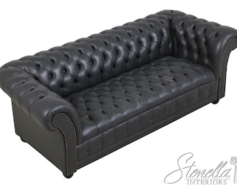 F73359: Blue Leather Chesterfield English Style Loveseat