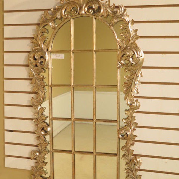 39406: Fancy Venetian Style Silver Decorator Wall Mirror w. Plume Top