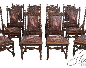 LF63821EC: Set of 12 Antique Griffin Carved Oak Dining Room Chairs