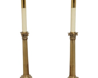 F62667EC: Pair Brass Regency Style Quality Column Lamps w. Tole Shades