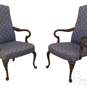 58913EC: Pair FAIRINGTON Queen Anne Cherry Upholstered Open Armchairs