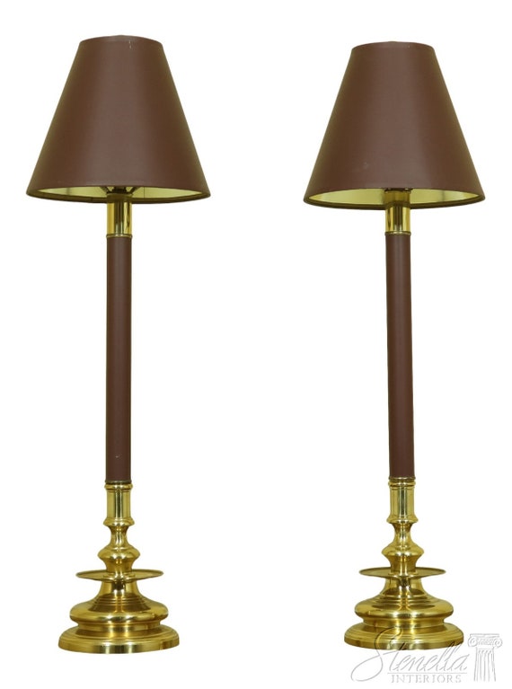 LF51903EC: Pair Brass Base Tall Table Lamps W. Shades 