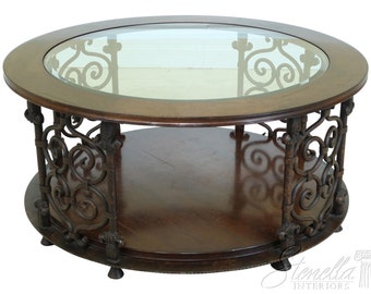 F49238EC: SHERRILL Large Round Rustic Glass Top Coffee Table