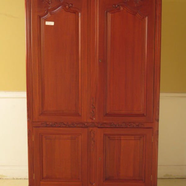 23613: Carved Mahogany French Style 4 Door Armoire Cabinet