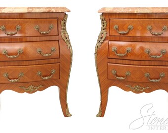 54978EC: Pair French Louis XV Style Marble Top Commode Nightstands