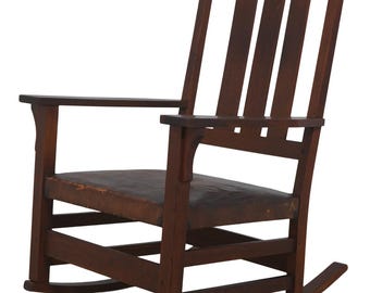 72520: STICKLEY Antique Mission Style Oak Leather Seat Rocking Chair