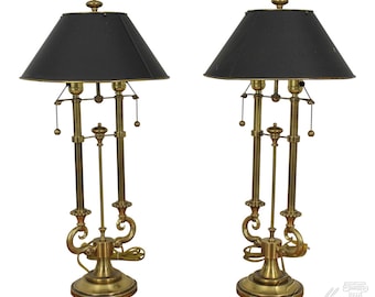 F58883EC: Pair STIFFEL Regency Style Toleware Shade Brass Lamps