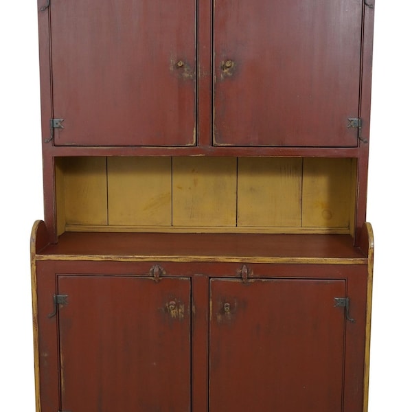 L60582EC: Early American Primitive Style Bench Made Painted Cupboard