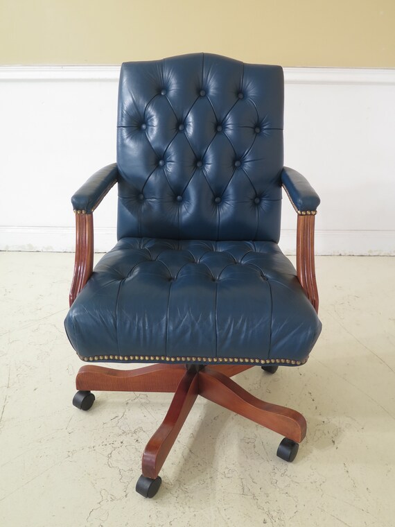 F31442ec Ethan Allen Tufted Blue Leather Office Desk Chair Etsy