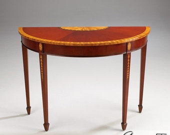 2960: Large 1/2 Round Inlaid Mahogany Federal Style Console Foyer Table