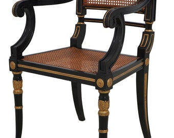 F62796EC: Neoclassical Black & Gold Cane Seat Armchair