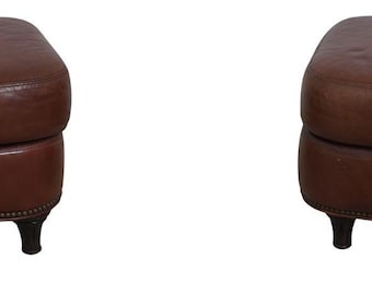 F68541: Pair Brown Leather Ottoman Or Stools