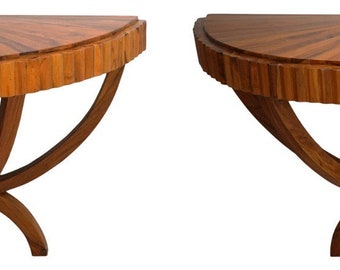 F62491EC/92EC: Pair Modern Design Exotic Wood Demilune Console Tables