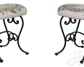 F56905EC: Pair Italian Hand Painted Terracotta & Iron Garden Seats