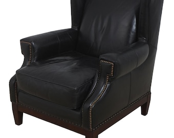 73108: FRONTGATE Black Leather High Quality Club Wing Chair