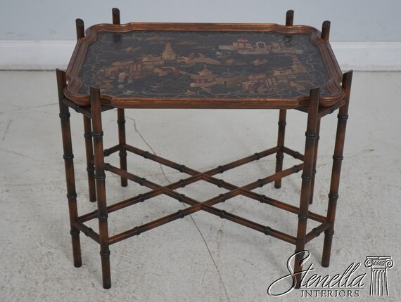Two Tiered Bamboo Table with Black Lacquered Top Two Tiered Bamboo Table with Black Lacquered Top