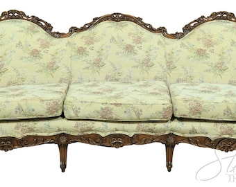 54194EC: Vintage Ornately Carved Walnut Upholstered Sofa