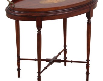 F73268: English Edwardian Inlaid Mahogany Oval Tray Table