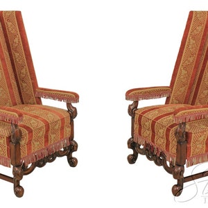 59651EC: Pair Baroque Style Carved Mahogany Upholstered Throne Chairs