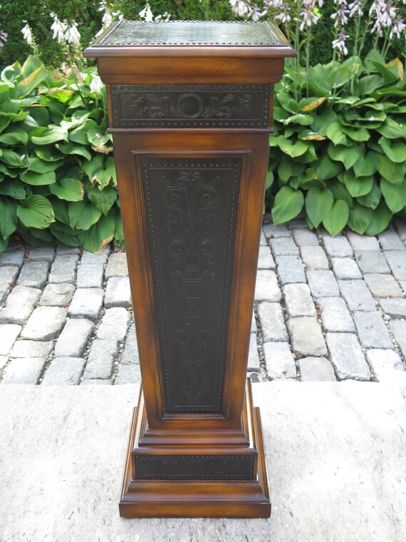 31085ec Embossed Copper Wood Pedestal Plant Stand Etsy
