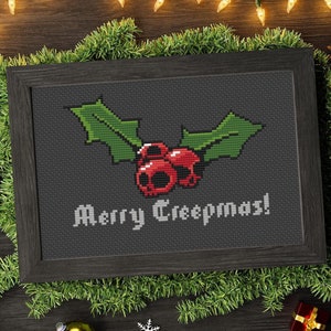 Merry Creepmas cross stitch pattern, Christmas Mistletoe, Skulls, Spooky, Yule, Creepy Christmas, Gothmas, Occult cross stitch, Horror